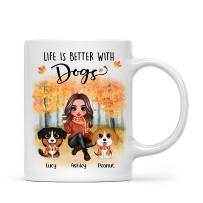 Fall Season Doll Woman Sitting With Watercolor Cute Dogs Personalized Mug