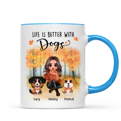 Fall Season Doll Woman Sitting With Watercolor Cute Dogs Personalized Mug