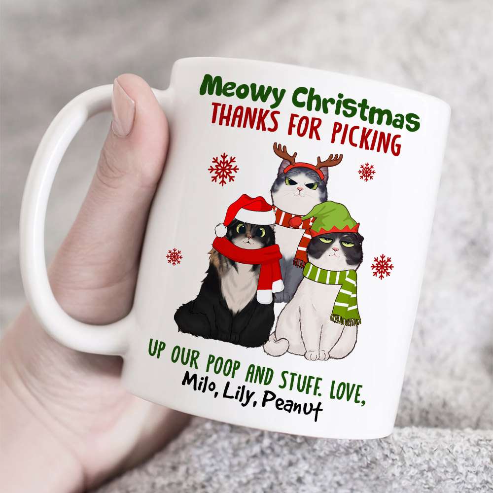 Meowy Christmas Thanks For Picking Up Our Stuff, Personalized Cat Christmas Mug, Christmas Gift