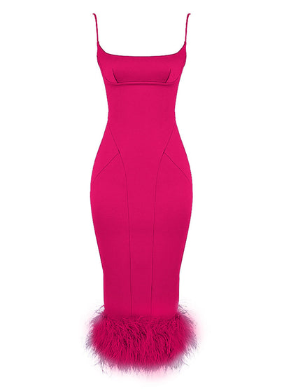 Spaghetti Straps Feather Satin Midi Dress