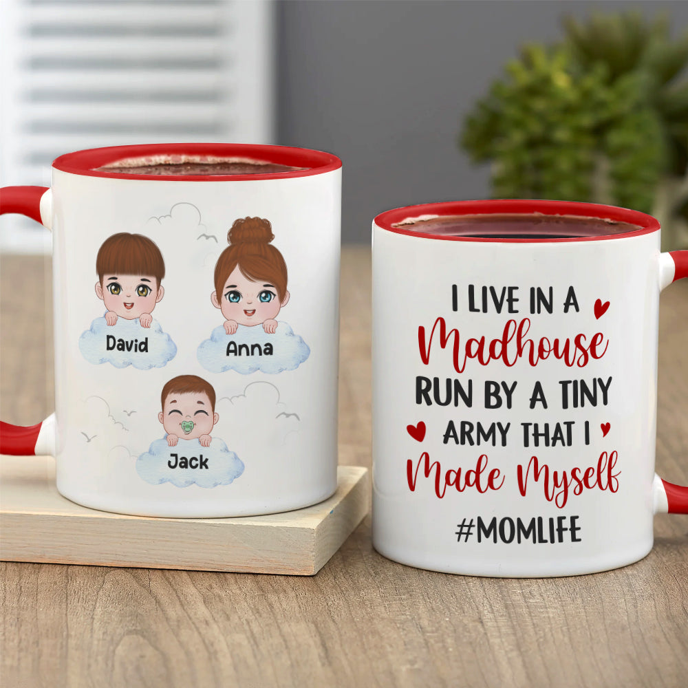 I Live In A Madhouse, Personalized Mug, Gift For Mom, Mother's Day Gift, Little Kids With Clouds