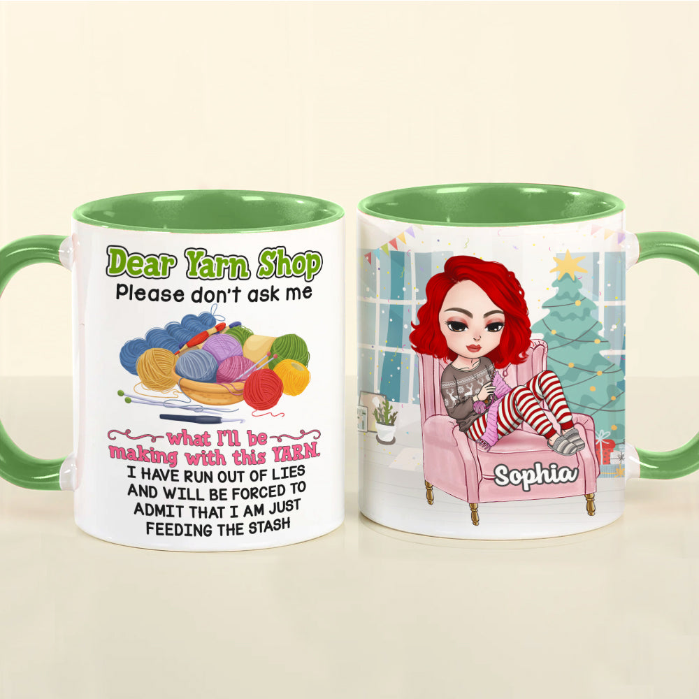 Please Don't Ask me What I'll Be Making With This Yarn Personalized Knitting Crochet Mug, Christmas Tree Decor