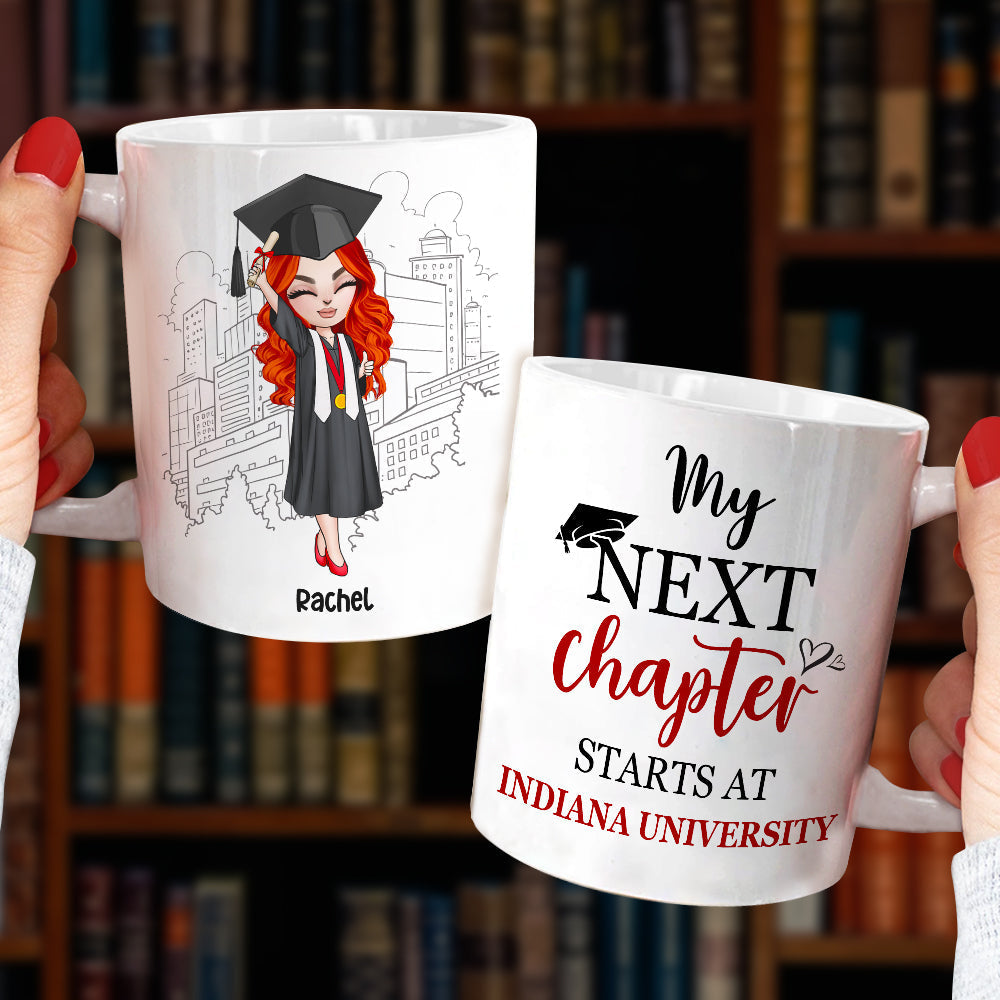 My Next Chapter Starts At University - Personalized White Mug - Chibi Graduation Front View
