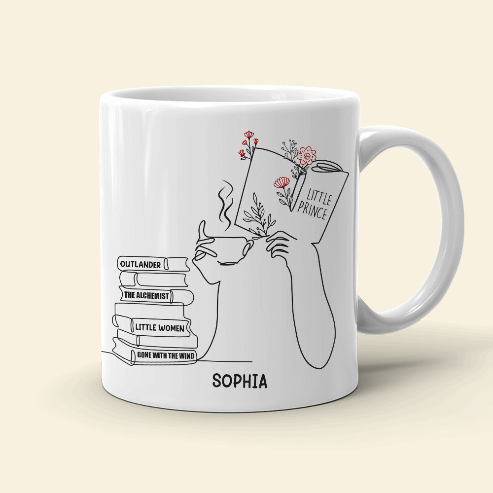 Girl Reading & Drink Coffee Line Art - Custom Book Title Mug - Gift For Book Lovers