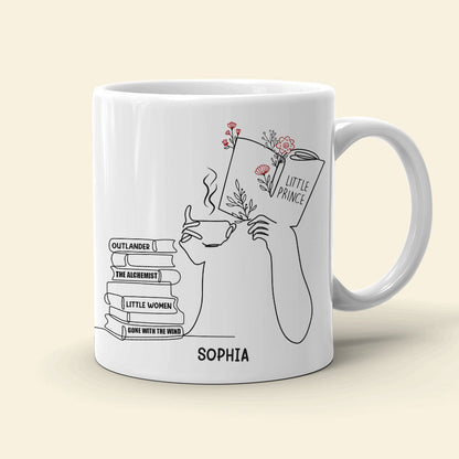 Girl Reading & Drink Coffee Line Art - Custom Book Title Mug - Gift For Book Lovers