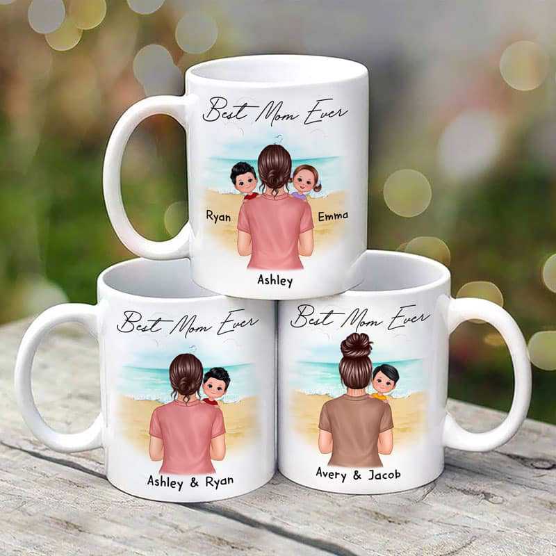 Mom Carrying Kids On Shoulder Best Mom Ever Beach Landscape Personalized Mug