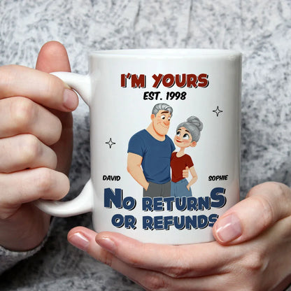 White Ceramic Mug Personalized with Cartoon Couple Hug, Playful No Returns or Refunds Design, Cute Gift for Couples
