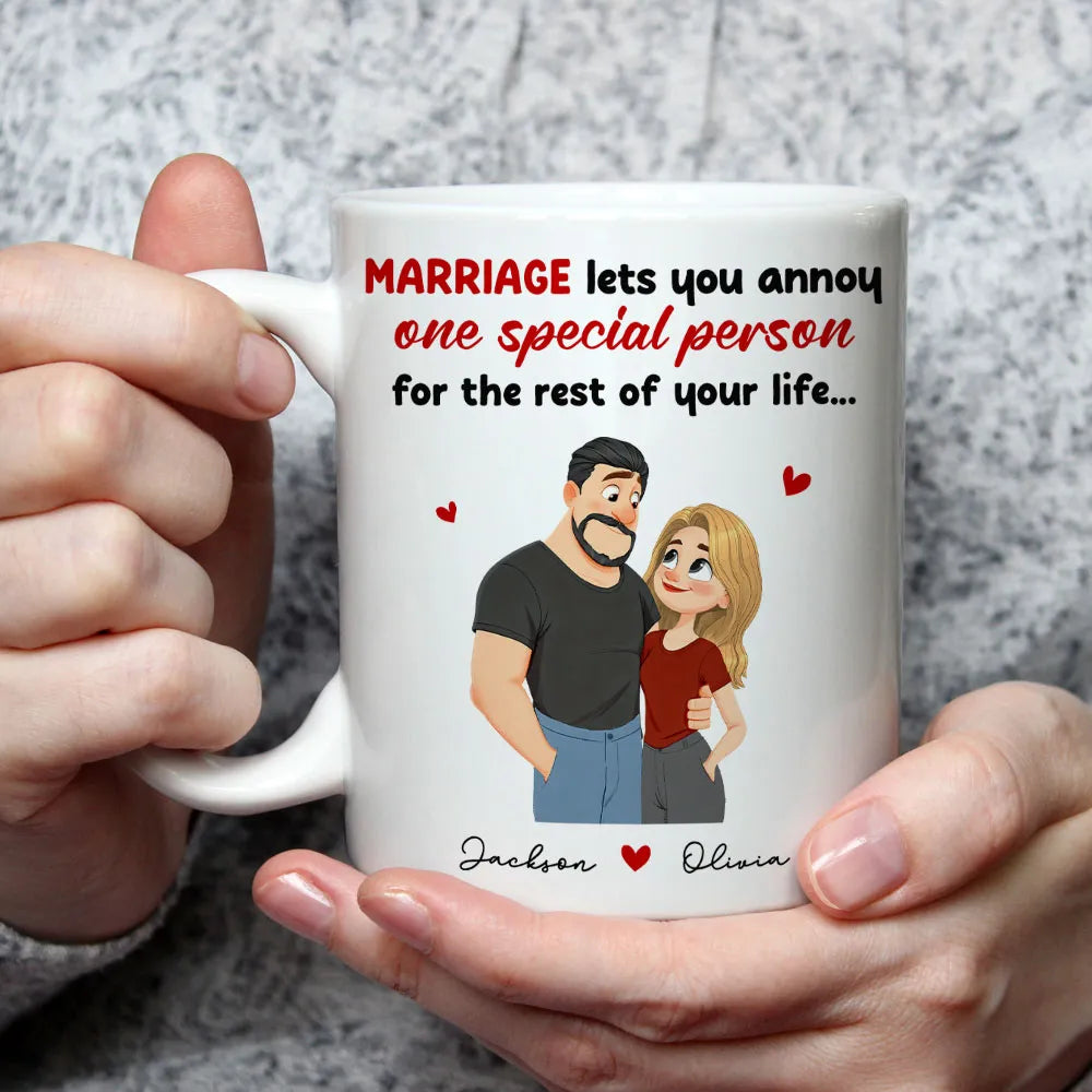 Personalized Ceramic Mug Funny Marriage Quote With Cute Couple Illustration - Unique Gift For Wife Or Husband