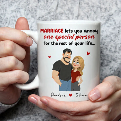 Personalized Ceramic Mug Funny Marriage Quote With Cute Couple Illustration - Unique Gift For Wife Or Husband