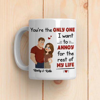 Personalized White Ceramic Mug with Cute Couple Illustration Funny Annoying Love Quote Unique Gift for Couples