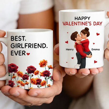 Personalized Valentine's Day Couple Kissing White Ceramic Mug with Birth Flowers, Cute Romantic Gift for Girlfriend or Boyfriend