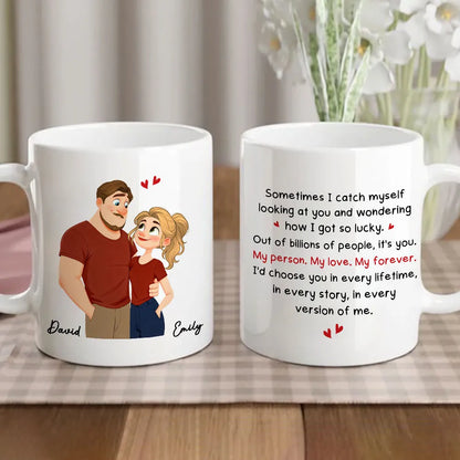 Personalized Couple Quote Ceramic Mug, Hugging Illustration for Morning Coffee, Unique Romantic Gift for Him or Her