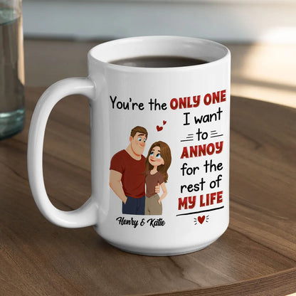 Personalized White Ceramic Mug with Cute Couple Illustration Funny Annoying Love Quote Unique Gift for Couples