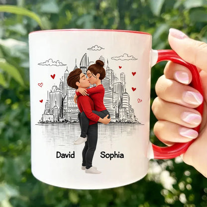 Personalized White Ceramic Mug, Kissing Couple City Sketch for Valentine's Day, Unique Romantic Gift for Girlfriend or Wife