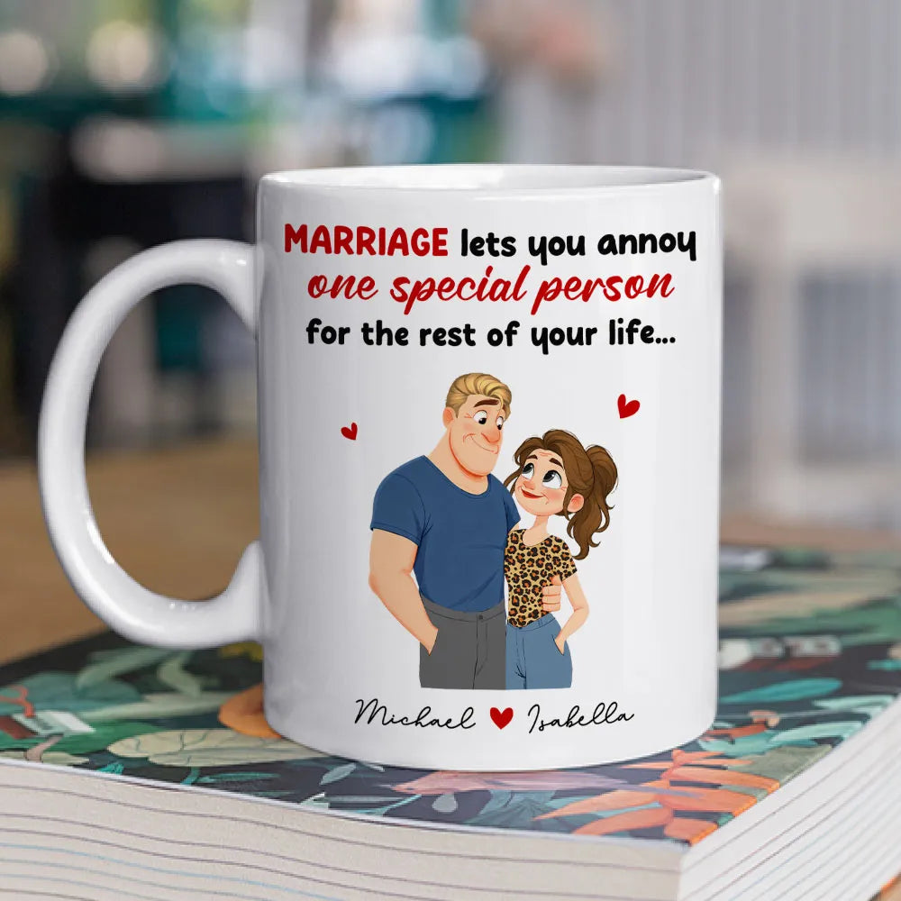 Personalized Ceramic Mug Funny Marriage Quote With Cute Couple Illustration - Unique Gift For Wife Or Husband