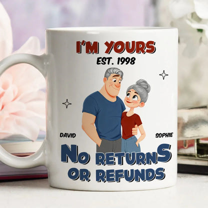 White Ceramic Mug Personalized with Cartoon Couple Hug, Playful No Returns or Refunds Design, Cute Gift for Couples