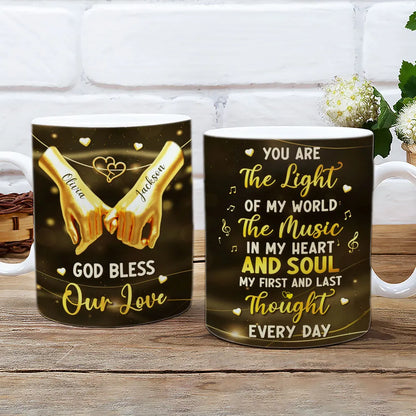 Personalized Ceramic Mug With Holding Hands and Heart, Romantic Custom Gift for Couple, You Are The Light Of My World