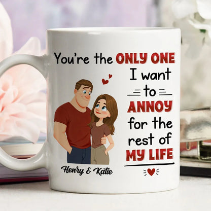 Personalized White Ceramic Mug with Cute Couple Illustration Funny Annoying Love Quote Unique Gift for Couples