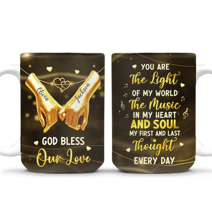 Personalized Ceramic Mug With Holding Hands and Heart, Romantic Custom Gift for Couple, You Are The Light Of My World