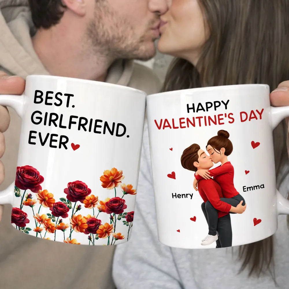 Personalized Valentine's Day Couple Kissing White Ceramic Mug with Birth Flowers, Cute Romantic Gift for Girlfriend or Boyfriend