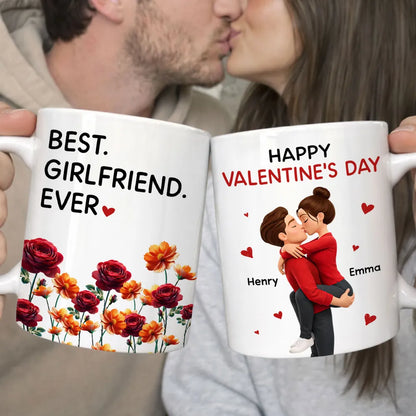 Personalized Valentine's Day Couple Kissing White Ceramic Mug with Birth Flowers, Cute Romantic Gift for Girlfriend or Boyfriend