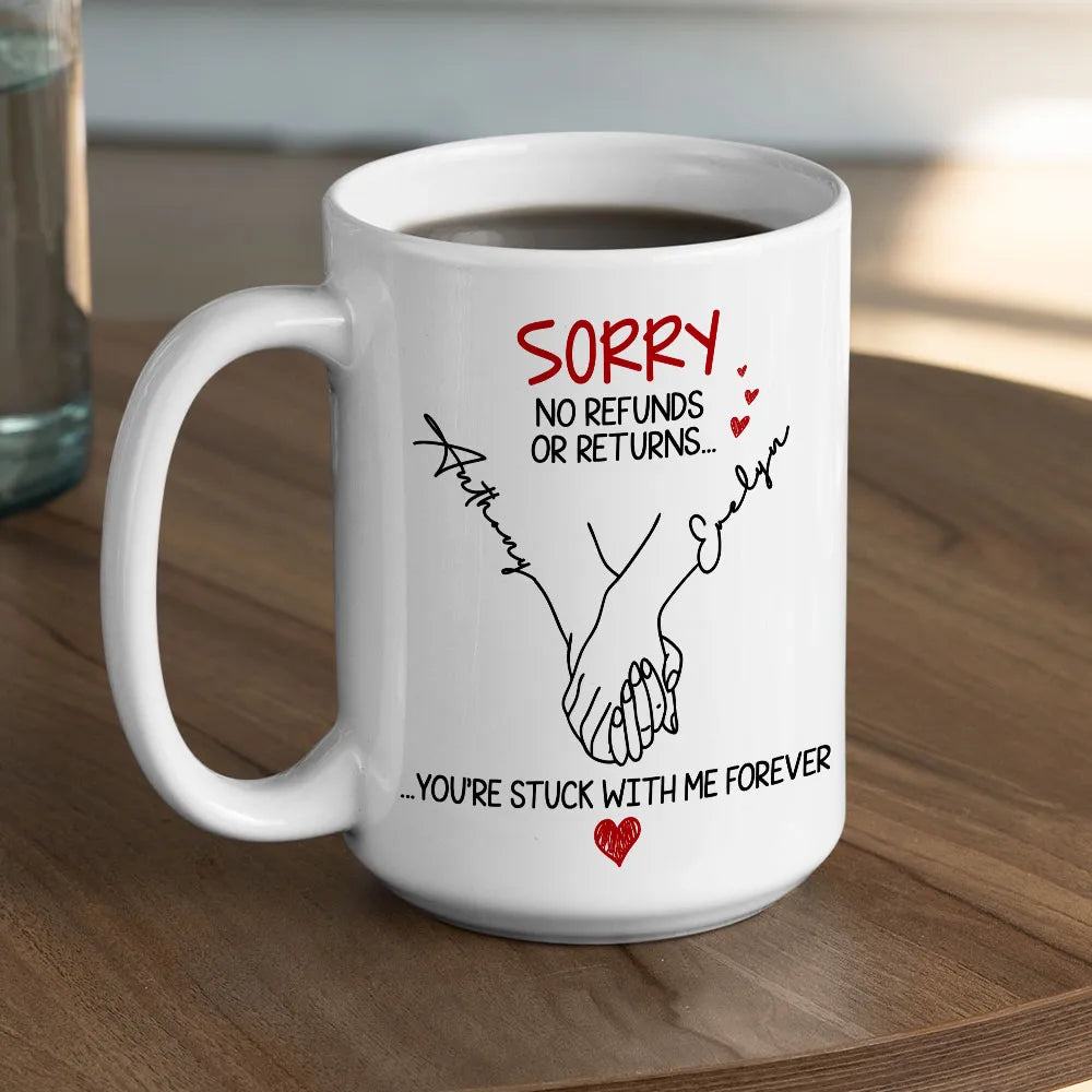 Personalized White Ceramic Mug with Holding Hands Illustration Romantic "You're Stuck with Me Forever" Couple Gift