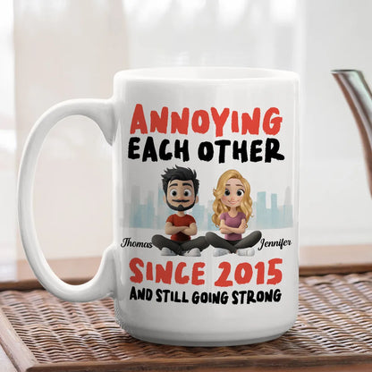 Annoying Each Other Personalized White Ceramic Mug Cute Couple Sitting Illustration Funny Daily Coffee Gift for Couples