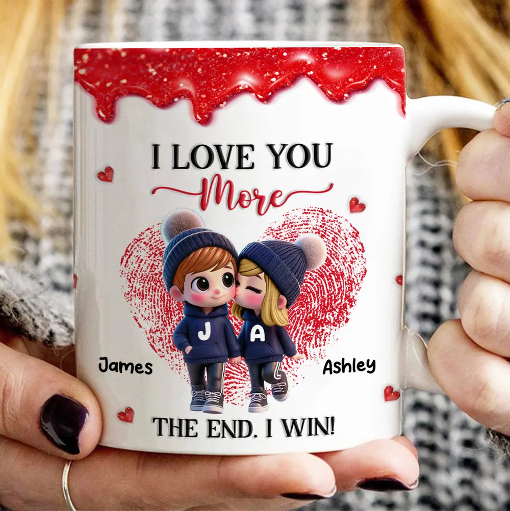 Personalized Ceramic Mug, Cute Cartoon Couple Kissing with Hearts, I Love You More I Win, Unique Valentine's Gift for Him or Her