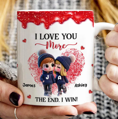 Personalized Ceramic Mug, Cute Cartoon Couple Kissing with Hearts, I Love You More I Win, Unique Valentine's Gift for Him or Her
