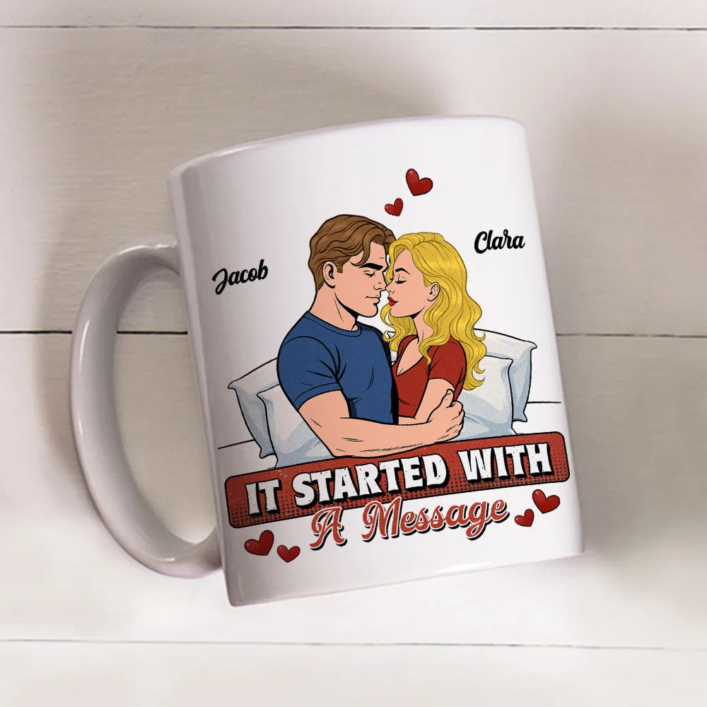 Personalized Ceramic Mug It Started With A Message Couple Hugging Cute Cartoon Style Unique Romantic Gift