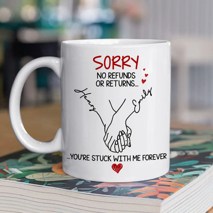 Personalized White Ceramic Mug with Holding Hands Illustration Romantic "You're Stuck with Me Forever" Couple Gift