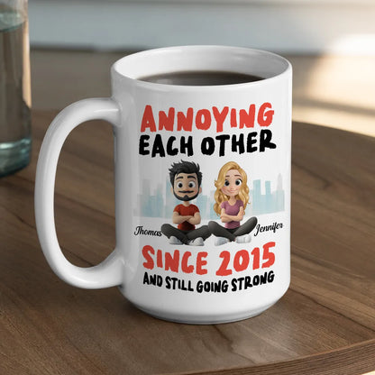Annoying Each Other Personalized White Ceramic Mug Cute Couple Sitting Illustration Funny Daily Coffee Gift for Couples