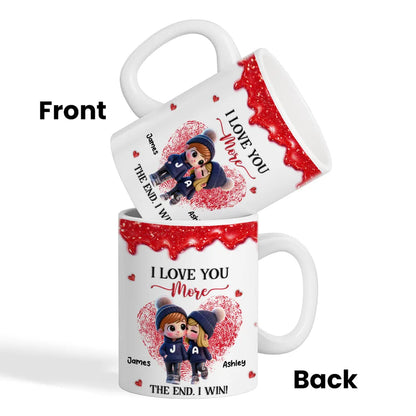 Personalized Ceramic Mug, Cute Cartoon Couple Kissing with Hearts, I Love You More I Win, Unique Valentine's Gift for Him or Her