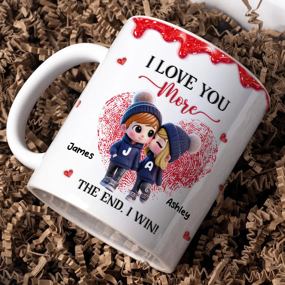 Personalized Ceramic Mug, Cute Cartoon Couple Kissing with Hearts, I Love You More I Win, Unique Valentine's Gift for Him or Her