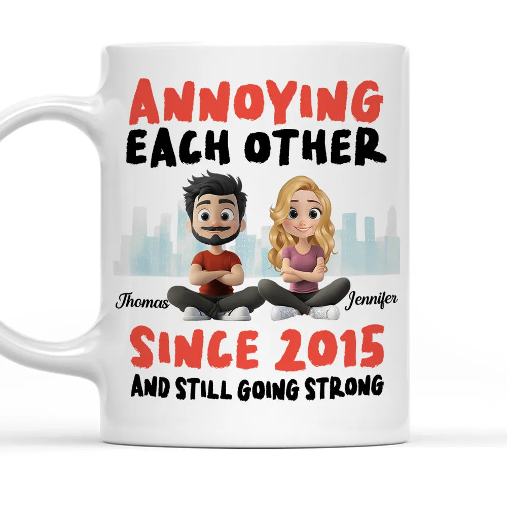 Annoying Each Other Personalized White Ceramic Mug Cute Couple Sitting Illustration Funny Daily Coffee Gift for Couples