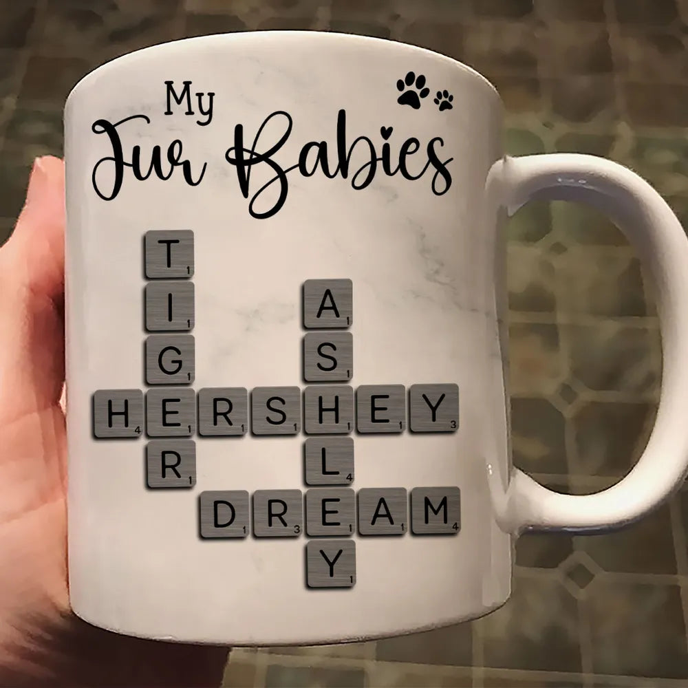 Personalized White Ceramic Mug for Fur Babies Lovers with Crossword Pet Names, Cute Unique Gift for Dog or Cat Mom