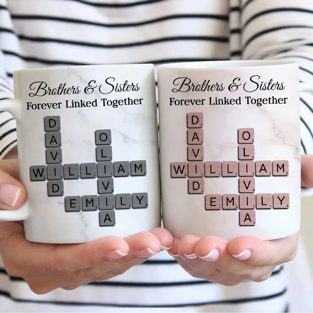 Personalized Brothers And Sisters Mug With Crossword Names White Ceramic Mug Unique Sibling Gift Keepsake