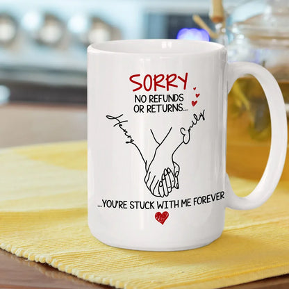 Personalized White Ceramic Mug with Holding Hands Illustration Romantic "You're Stuck with Me Forever" Couple Gift