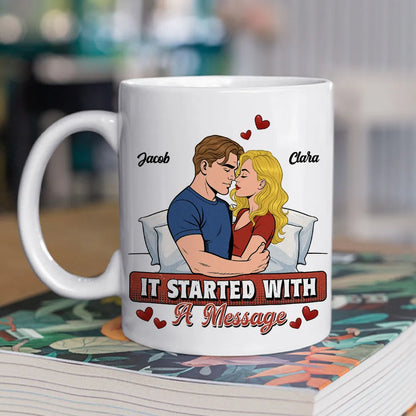 Personalized Ceramic Mug It Started With A Message Couple Hugging Cute Cartoon Style Unique Romantic Gift