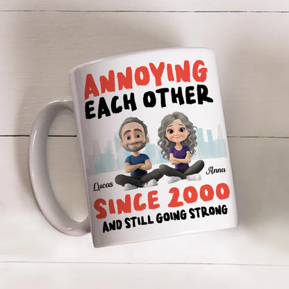 Annoying Each Other Personalized White Ceramic Mug Cute Couple Sitting Illustration Funny Daily Coffee Gift for Couples