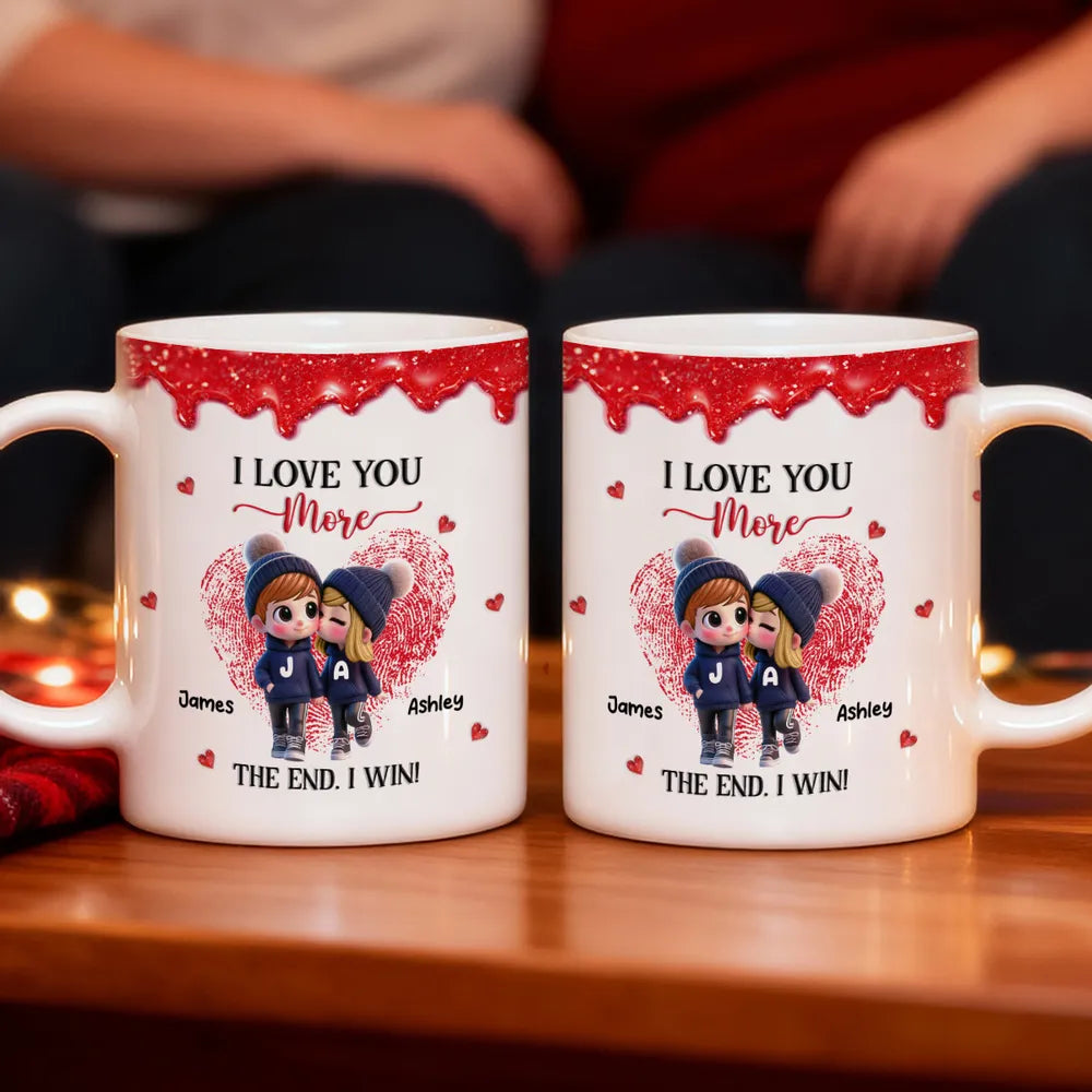 Personalized Ceramic Mug, Cute Cartoon Couple Kissing with Hearts, I Love You More I Win, Unique Valentine's Gift for Him or Her