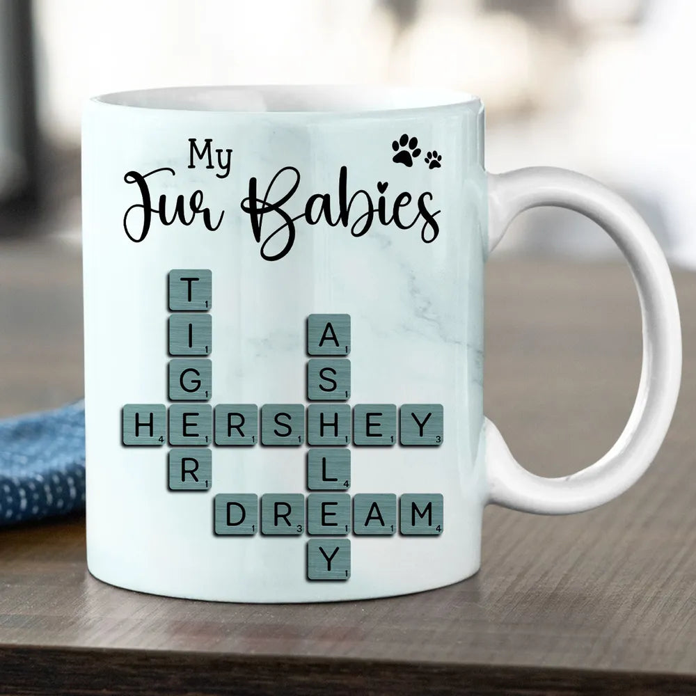 Personalized White Ceramic Mug for Fur Babies Lovers with Crossword Pet Names, Cute Unique Gift for Dog or Cat Mom