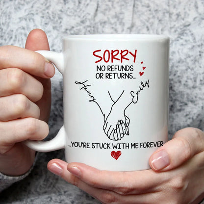 Personalized White Ceramic Mug with Holding Hands Illustration Romantic "You're Stuck with Me Forever" Couple Gift