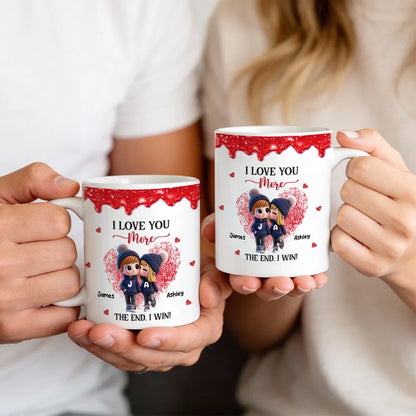 Personalized Ceramic Mug, Cute Cartoon Couple Kissing with Hearts, I Love You More I Win, Unique Valentine's Gift for Him or Her