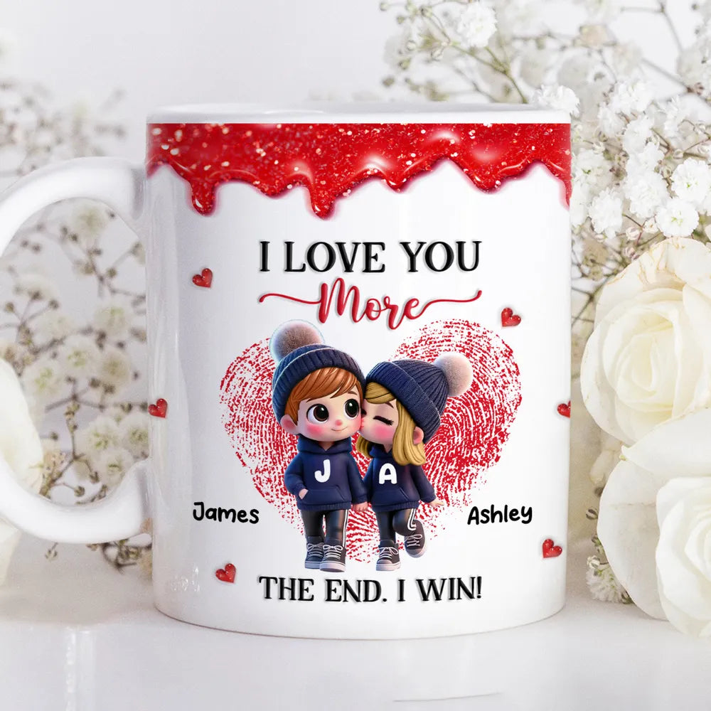 Personalized Ceramic Mug, Cute Cartoon Couple Kissing with Hearts, I Love You More I Win, Unique Valentine's Gift for Him or Her