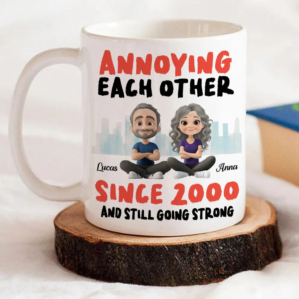 Annoying Each Other Personalized White Ceramic Mug Cute Couple Sitting Illustration Funny Daily Coffee Gift for Couples