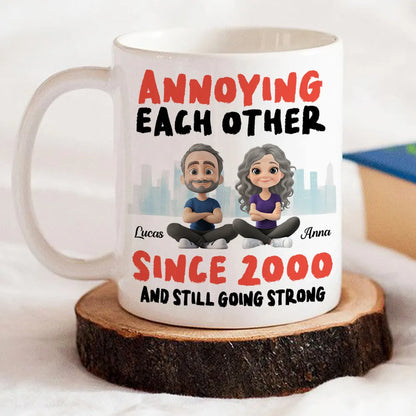 Annoying Each Other Personalized White Ceramic Mug Cute Couple Sitting Illustration Funny Daily Coffee Gift for Couples