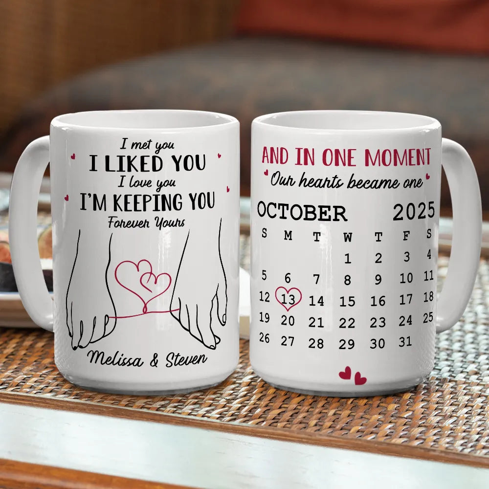 Personalized White Ceramic Mug for Couples with Holding Hands Art, Custom Date, Romantic Keepsake Gift
