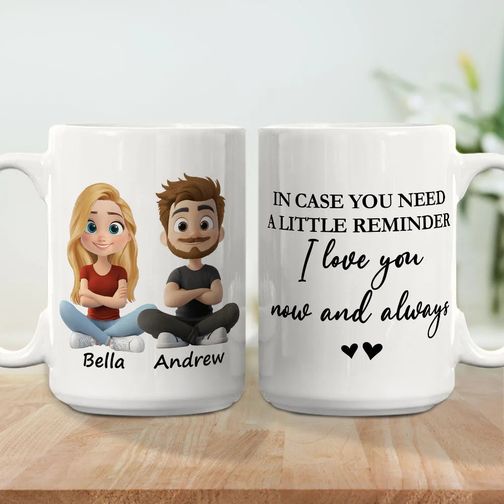 Personalized White Ceramic Mug With Cute Couple Cartoon and I love you now and always - Unique Gift for Girlfriend or Wife