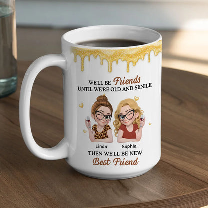 Personalized White Ceramic Mug with Two Best Friends Illustration, Fun Quote, Unique Gift for Bestie and Coworker